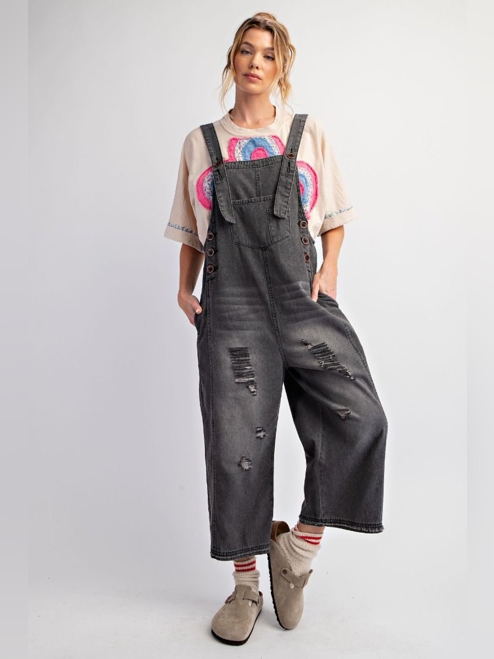 EASEL Washed Black Distressed Denim Loose Fit Overalls Artsy Boho Granola Grunge